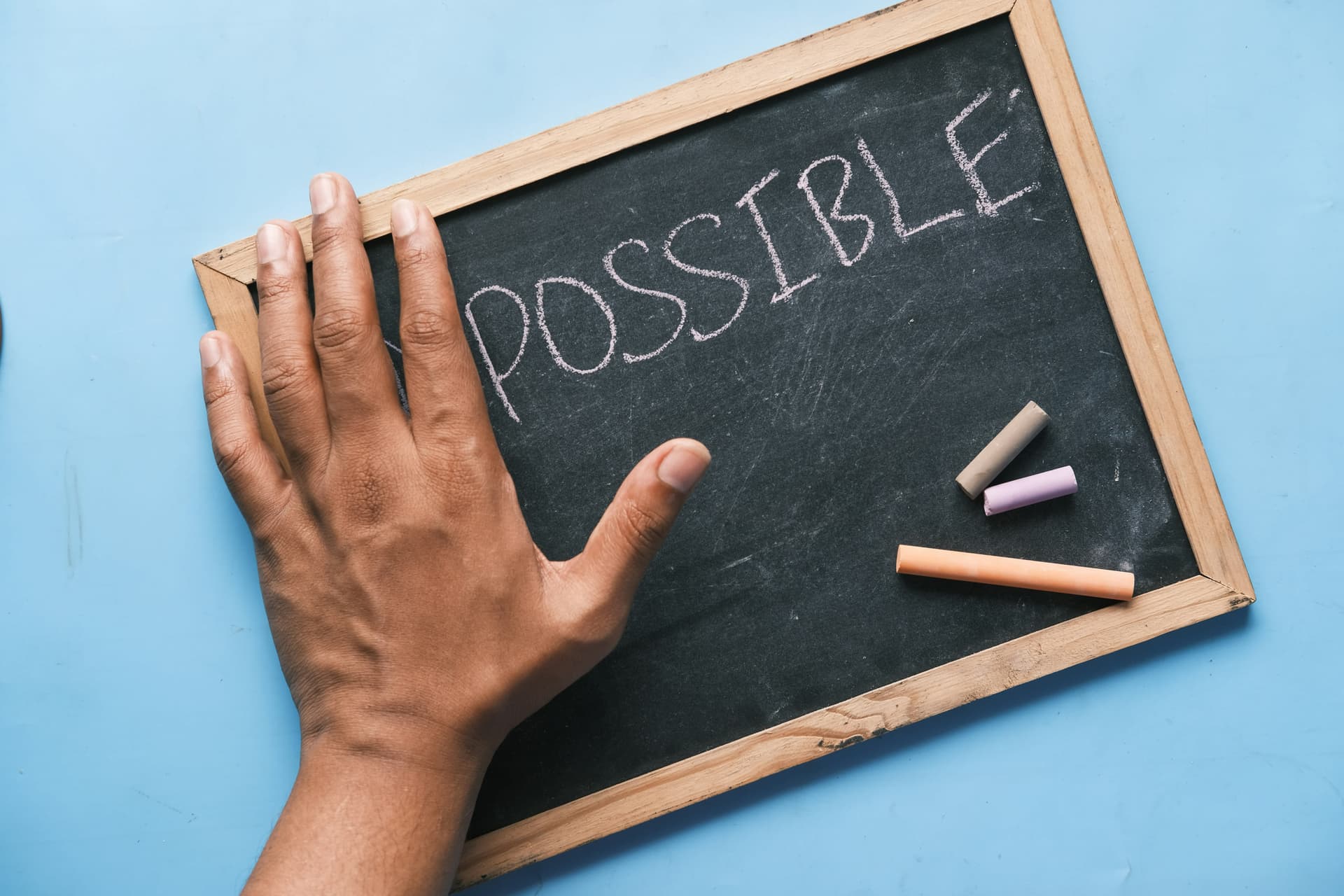 A chalkboard with the word possible written on it