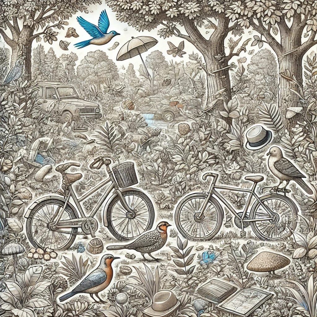 A drawing of a forest with birds and bicycles