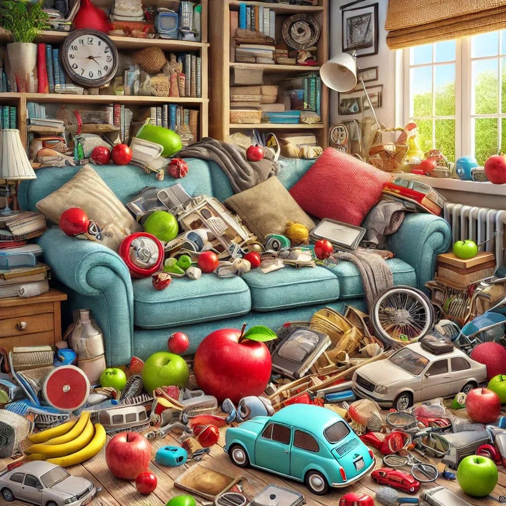 A painting of a living room filled with toys